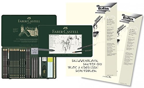 Faber-Castell 112974 - Pitt Graphite Set im Metalletui, groß, mit 2 Skizzenblöcken