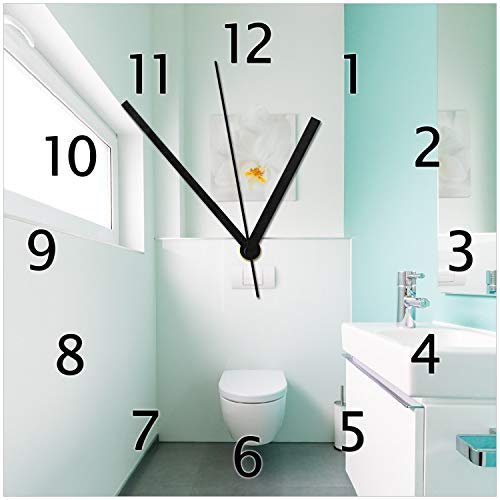 Wallario Design-Wanduhr Badezimmer Gästetoilette Innenansicht - WC und Waschbecken aus Glas, Motiv-Uhr Größe 30 x 30 cm, Schwarze Zeiger