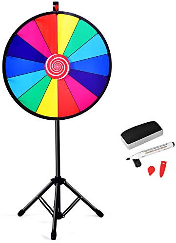 GOPLUS Roue de la Fortune 24 Pouces sur Pied, Prize Wheel 14 Grilles, Hauteur Réglable, avec Stylo Effaçable, Gomme et Pointeur, Trépied Stable et Antidérapant, pour Fêtes, Loterie et Activités