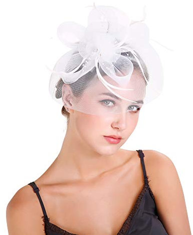 iSpchen Feder Fascinator Hüte Blume Stirnband für Frauen Hochzeit Cocktail Tea Party Königliche Ascot Kirche Kopfstück Kostüm Haarspange Zubehör Weiß