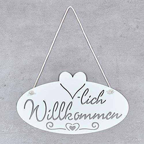 levandeo Schild Willkommen Herz 28,5x16cm Garten-Deko Weiß Türschild Wandbild Wandschild