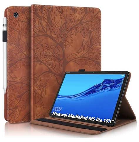 Aswant Huawei Mediapad M5 Lite 10 Hülle Geprägter Baum PU PU Leder Brieftasche BookStyle Flip Cover Stand Kartensteckplatz Tablet Schutzhülle Für Huawei Mediapad M5 Lite/C5 10.1 Zoll 2018 - Braun