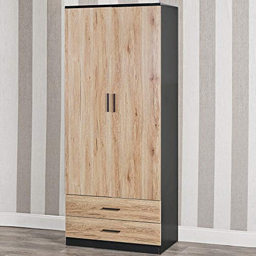 URBNLIVING Tall Wooden 2 Door Black Wardrobe With 2 Drawers Bedroom Storage Hanging Bar Clothes (Black Carcass + Oak Drawers)