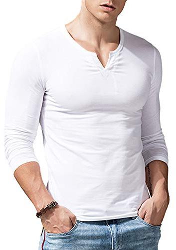 Uomo vestibilità Slim Manica Lunga Henley Maglietta Casuale Scollo a V. Magliette Cotone
