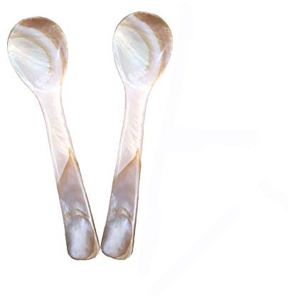 Wenplus 2 Stück 3,7 Zoll Kaviarlöffel Handarbeit Perlmutt MOP Kaviarlöffel W Runder Griff mit einer Kunststoff-Aufbewahrungsbox - Kaffeefarbe, Stil C