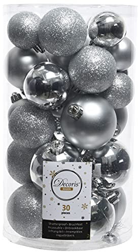 ETC 30er Set Kugelmix PVC mit Weihnachtskugeln Baumschmuck bruchfester Christbaumschmuck (Silber)