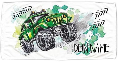 GRAZDesign Kinder Handtuch mit Namen Badetuch für Jungen Teenager von 2-14 Jahren Strand / 140x70cm Monstertruck in grün