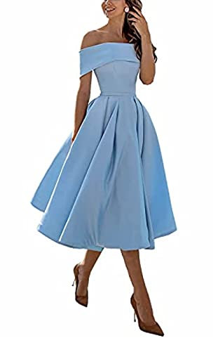 yhfshop Short Evening Paty Dresses,A-line Satin one-Shoulder Three-Quarter Skirt,Sky Blue E,US18w,Knee Length Elegant Bridesmaid Dresses