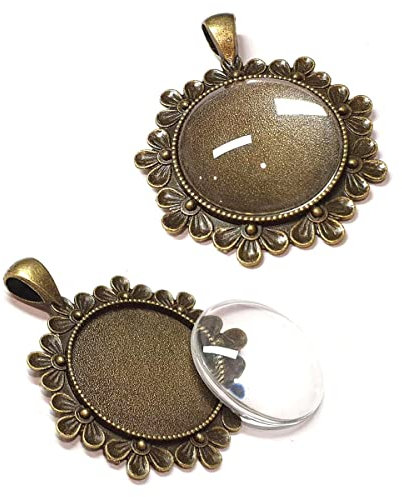 Perlin 4 Set Fassungen Schmuck Charm Leere Lünette Medaillons Blume Metall Anhänger 25mm Runde 4 Stück Klar Glas Cabochon Fassung Rahmen (Bronze)