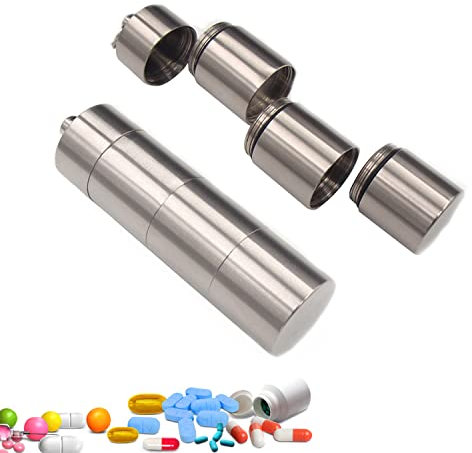 Titan Pillendose Schlüsselanhänger Wasserdicht mit 3 Teilbaren Fächer, Kleine Tablettendose für Unterwegs, Tragbare Pillenkapsel Pillenbehälter für Outdoor, Reisen, Wandern, 2 Stück