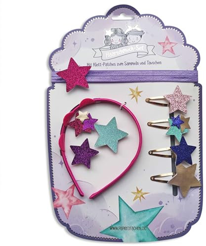 Papierdrachen Haarschmuck Set - Haarreifen Haarband Klett | wechselbare Patches im Design *Sterne* | Schöne kreative Haar Accessoires für Mädchen - Set 4