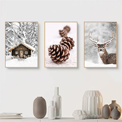 EXQULEG 3er Poster Set, Wandkunst Elch Holzhaus Winter-Schneelandschaft Bilder, ohne Rahmen Modern Weihnachtsdekoration Wandbilder Wohnzimmer Deko Schlafzimmer (40x50cm)