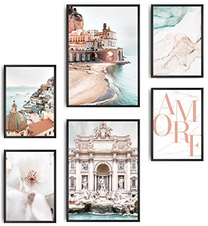 decomonkey | 6er Poster Set OHNE Bilderrahmen | Reisen Aesthetic | 4 x DIN A4 & 2 x DIN A3 | Wohnzimmer Schlafzimmer Wandposter Blider Collage Modern Wanddeko Italien Altstadt Strand Meer Blumen
