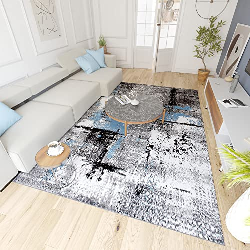 Mazovia Modern Teppich - Kurzflor - Teppich für Wohnzimmer, Schlafzimmer, Esszimmer - ÖKO-TEX Wohnzimmerteppich, Robust und pflegeleicht, Niedrige Florhöhe - Grau Blau 120 x 170 cm