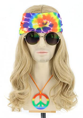 Topcosplay 4er Set Hippie Kostüm Vokuhila Perücke Bandanas Sonnenbrille Frieden Zeichen Halskette 70er 80er Jahre Disco Perücke Lang Lockig Disco Perücke für Karneval Halloween (Blond)
