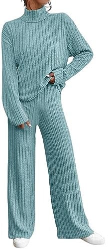 Damen 2 Stück Strickanzug Langarm Strickpullover Und Lange Jogginghose Zweiteilige Beiläufig Outfit Freizeitanzug Sportanzug Loungewear Set 2-teiliges Outfit Set (a-Blue, S)