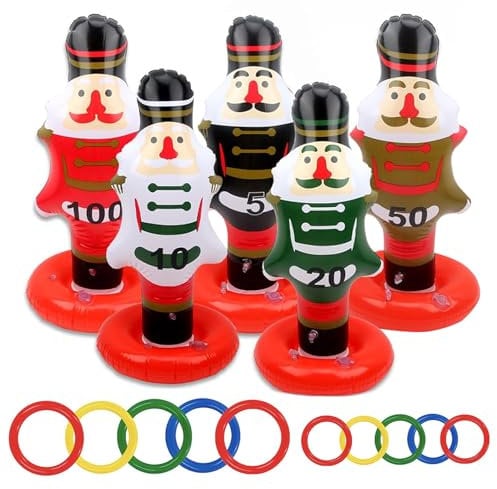 15PCS Christmas Ring Toss Game Inflatable Nutcracker Rings Toss Toys Diffierent Scores Set for Kids,Adults,Xmas Party Toss Games Target Toy Christmas Stocking Filler Games for Xmas Gifts Party Favors