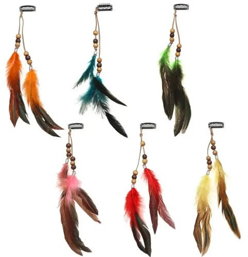 6 Stück Federn Haar Extensions, Boho Federn Haarschmuck, Kopfschmuck Haarverlängerung, Hippie Kopfschmuck mit Pfauenfedern, Boho Haarschmuck, Damen Cosplay Haardeko Zubehör Bunt Feder Haarspangen