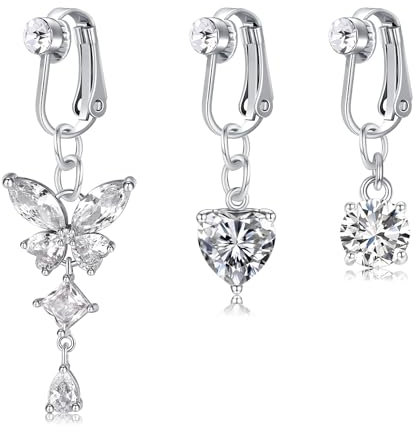 Niusiman 3 Stück Fake Bauchnabelpiercing Silber Anklipsen Bauchnabelpiercing Chirurgenstahl für Damen Frauen Zirkonia Herz Kristallkugel Anhänger Clip On Falsches Bauchnabelpiercing Schmetterling Lang