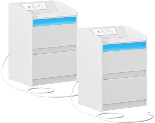 Hzuaneri Nachttische 2er Set mit LED-Lichtern, Ladestation und 2 Schubladen, Beistelltisch mit USB-Anschlüssen & Steckdosen, Stilvoll und vielseitig, für Wohnzimmer und Schlafzimmer, Weiß NS30103X
