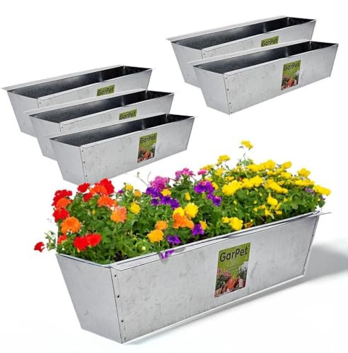 GarPet Metall Blumenkasten Set: 6 Stück für Europalette, Silber, Outdoor, Small (38 cm L x 12 cm B x 9 cm H), Rostbeständig, Entwässerungsloch