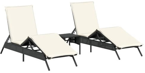 vidaXL Sonnenliegen 2 STK., Sonnenliege mit Tisch Kissen, Relaxliege für Garten Terrasse, Gartenliege Sonnenbett, Schwarz Poly Rattan