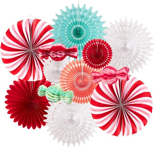 SUNBEAUTY Christmas Paper Fans Decorations Classroom Decorations Hanging Paper Fans with Candy Red and Green Christmas Folding Fan for Xmas Holiday Ceilings Wall Decor Winter New Year Party