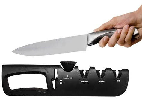 3-Stage Knife Sharpener with Adjustable Angle, Ergonomic Handle, Non-Slip Base, Compact Design, Ideal for Kitchen, Chef Knife, Swiss Army Knife, Tools & Gadgets, Durable Tungsten Steel, Black