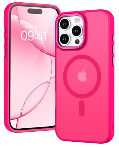 GUAGUA Coque pour iPhone 16 Pro Compatible avec MagSafe Protection Antichoc Qualité Militaire Dos Anti Rayures Étui Housse Arrière Translucide Givrée Anti-Empreintes Digitales 6.3‘’(Rose Vif)