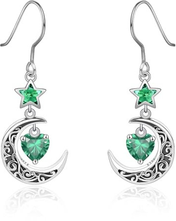 Qings Orecchini Luna con Pendenti Maggio Smeraldo Argento 925 Orecchini Stella e Luna crescente Celtica con Pietra di Nascita di Cuore per Donne