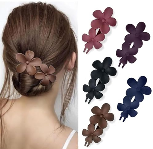yufana Lot de 5 Pinces à Cheveux Mates, Grandes Pinces à Cheveux, Grandes Pinces à Cheveux Pour Femme, Barrette à cheveux fleur mate (noir, rouge foncé, bleu marine, violet, marron328)
