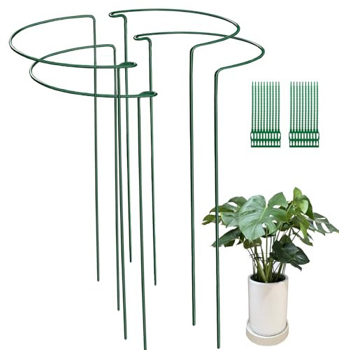 4 Pack 25x60cm Garden Plant Support Stakes Anelli Gabbie con 20 PZ Piante Cravatte, Metallo Half Round Plant Ring per Peonies, Idrangea, Pomodoro, Rosa