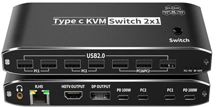 3500W 8K USB C zu HMI DP KVM-Switch 4K120Hz Video-Umschalter mit RJ45-Netzwerkanschluss PD 100W Ladung for 2 PC auf 1 TV-Monitor