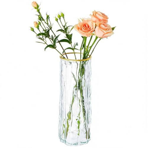 Gemsaya Blumenvase, Transparente Vase Glas und Goldrand 25 cm Hoch, Verdickt Glasvasen mit Wasserkräuselung für Tischdeko, Modern Vase Glas für Home, Office, Hochzeit, Party Dekor