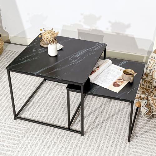 BIGTREE Couchtisch, Beistelltisch 2er Set, Moderne Wohnzimmertisch aus Holz, Quadratisch Satztisch mit Metallgestell für Wohnzimmer Balkon Büro