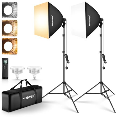 NEEWER 2 Pack 24x24 Softbox Lighting Kit with Tripod Stands, 45W Bi Color 2.4G LED Bulbs, 10 Channels 2900K-7000K 1400lx/m CRI95, 66'/20m Remote Control, Photography Continuous Lighting Kit, NK103