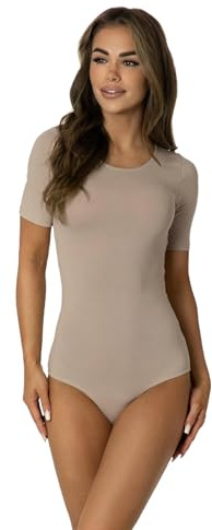 Alkato Damen Body Kurzarm, Beige Latte, M (Long 170-176 cm)