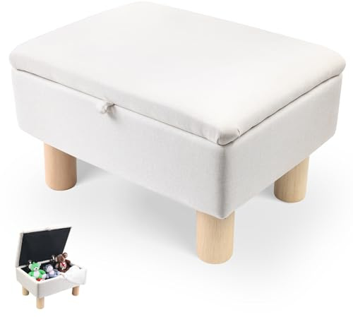 Gemsaya Leinen Pouffe-Fußhocker mit Stauraum, Leinenstoff-Pouf mit Holzbeinen, Aufbewahrungsbox Sitzwürfel mit Deckel für Wohnzimmer Schlafzimmer Flur, Cremefarben