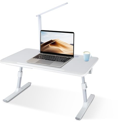 OHMG Grand Table de Lit pour Ordinateur Portable,Pliable,Réglable en Hauteur et Angle,Plateau de Lit avec Tiroir/Fente pour Tablette, Table pour Canapé/Sol (60 * 40 * 27-40cm-Blanc)