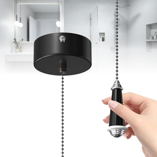Lamptobe Black Bathroom Light Pull Cord Ceiling Switch with Earth Ground Chrome Light Switch Ceiling Mounted for Shower Toilet Room Pendant Lighting Chandelier Lights(150CM)