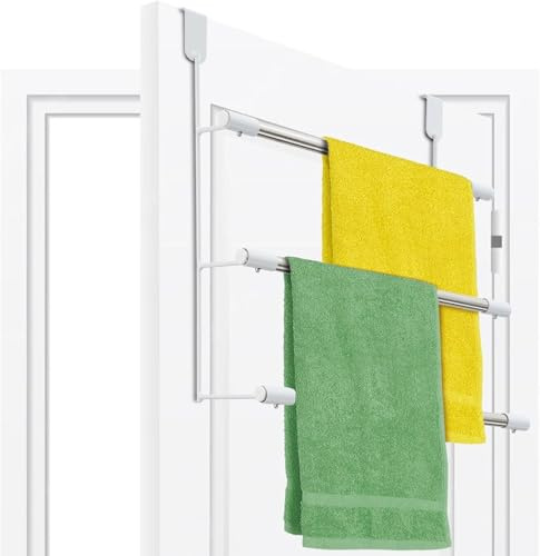 Over The Door Towel Racks, No-Drill Behind Door Organizer, 3-Tier Anti-Rust Metal Towel Holder, Bathroom Bedroom Room Door Hanger Towel Bar for Hanging, Drying, Space Saver