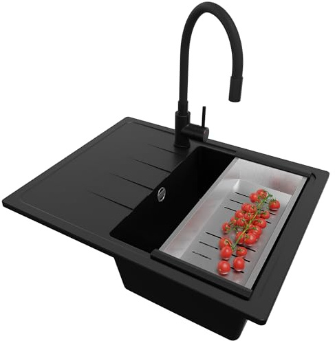 PRIMAGRAN Granitspüle ab 40er Unterschrank + Küchenarmatur, 62x50cm | Set: Küchenarmatur BW6020 + Ablauf-Set (Siphon, Ablaufgarnitur, Überlauf) + Spülbecken 1 Becken - Mailand, Schwarz