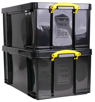 Really Useful Box Plastic Storage 64L Solid Black with Yellow Handles Pack of 2