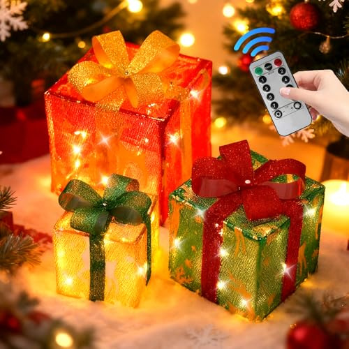 3 Stück Set Geschenkbox Deko Weihnachten LED, Weihnachts Deko Geschenke Beleuchtung Boxen mit Fernbedienun, LED WeihnachtsGeschenkboxen Batteriebetrieb, Weihnachtenboxen