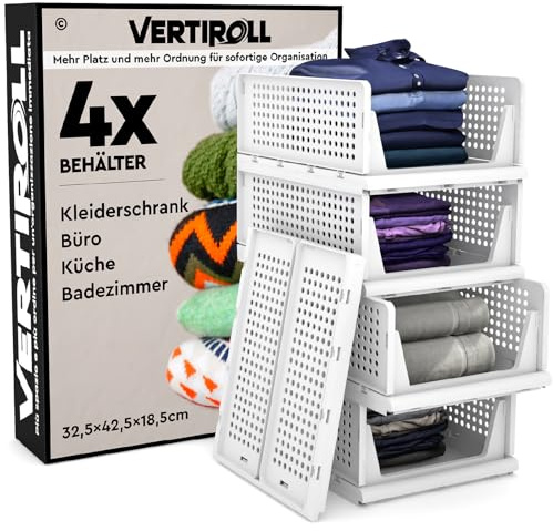 4 Cajones Deslizantes Apilables Organizador Ropa Armario VertiRoll - Blanco | Contenedores Ahorrador de Espacio de Plástico Hogar Cocina Baño Oficina Fácil de Montar - Cajones 32,5x42,5x18,5cm