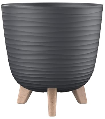 Engelland - 1 x Blumentopf mit Füßen & Bewässerungssystem, Anthrazit, Ø 28 cm, Pflanzkübel, Übertopf, Wellenmuster, Innen- & Außenbereich, Drainagesystem & Wasserspeicher, rund, Kunststoff