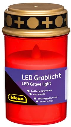 Idena 50159 - LED Grabkerze mit Deckel, 6,5 x 12 cm, Grablicht aus Kunststoff in Rot und Gold, batteriebetriebene Trauerkerze für draußen