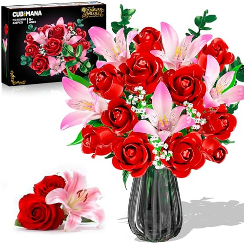 CUBIMANA Blumen Rosenstrauß Bauset mit LED für Erwachsene Frauen Mädchen 8+ | 11 Künstlichen Rosen & 4 Rosa Alstroemerien Flowers Set, Set aus Kunstblumen Botanik Kollektion für Deko, Geschenk für Frauen