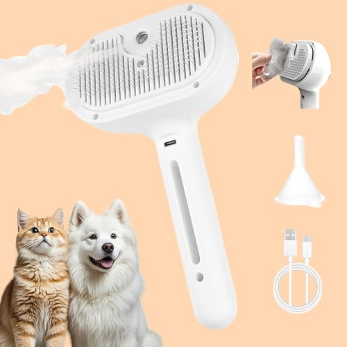 Katzenbürste, Dampfbürste, wiederaufladbar, mit Sprühnebel, Haustierpflegezubehör für langes kurzes Haar, Hautpflege, Demixing, Entspannungsmassage, Weiß