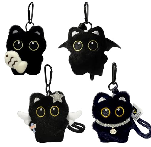 FuYelng 4 Stück Schwarze Katze Plüsch Anhänger, 8 cm Süße Katze Schlüsselanhänger Cartoon Katzen Anhänger Plüsch Niedlicher Schwarzer Katzen Plush Schlüsselanhänger, für Katzenliebhaber